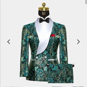 Double Breasted Teal Blue Green Floral Tuxedo – 2 Piece